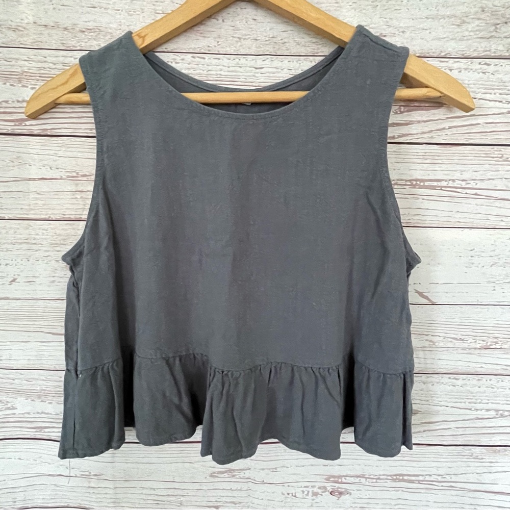 Anrabess Grey Cropped Linen Blend Swing Tank Sleeveless Top Woman’s Sz L Buttons
